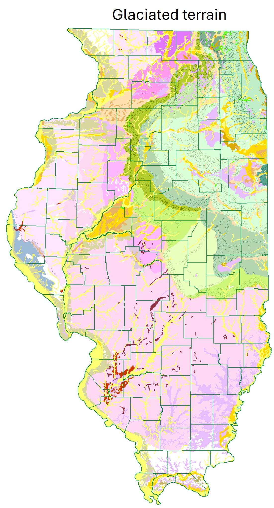 Map of the state of Illinois including county boundaries showing distribution of glacial deposits in different colors. 