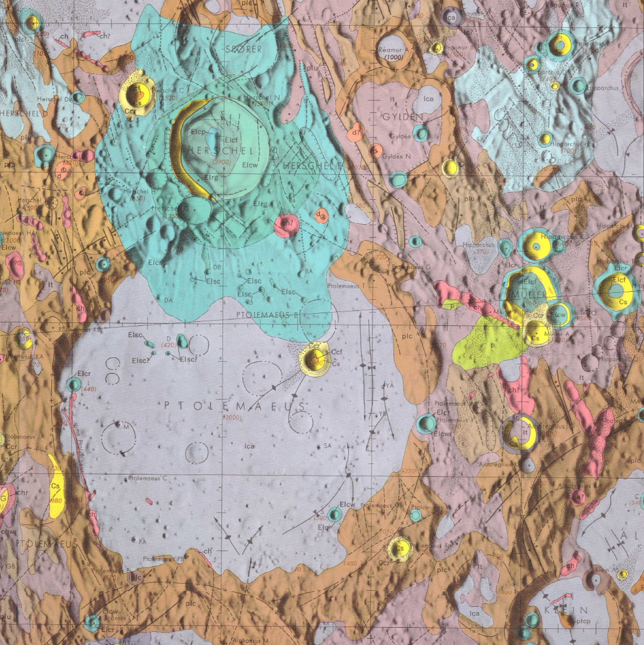 Inset of USGS IMAP 566: Geologic map of the Ptolemaeus Quadrangle of the moon
