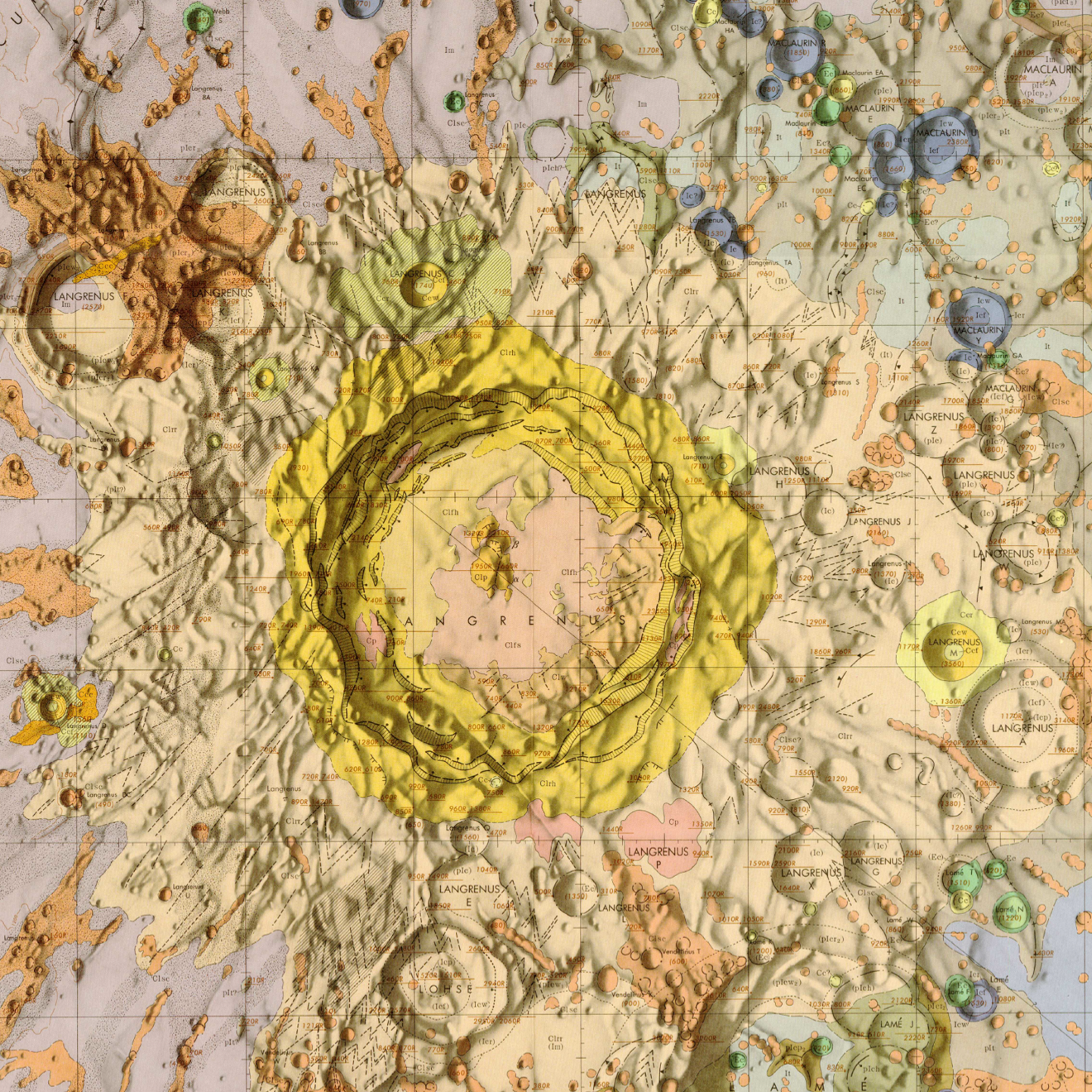 Inset of USGS IMAP 739: Geologic map of the Langrenus Quadrangle of the Moon