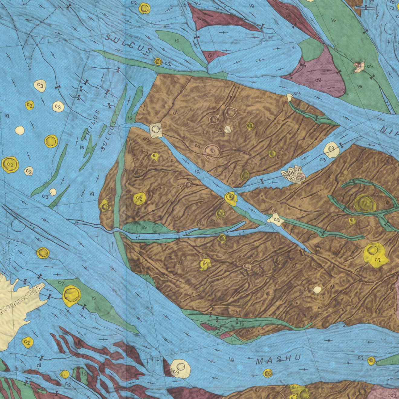Inset of USGS IMAP 1966: Geologic map of the Philus Sulcus Quadrangle of Ganymede