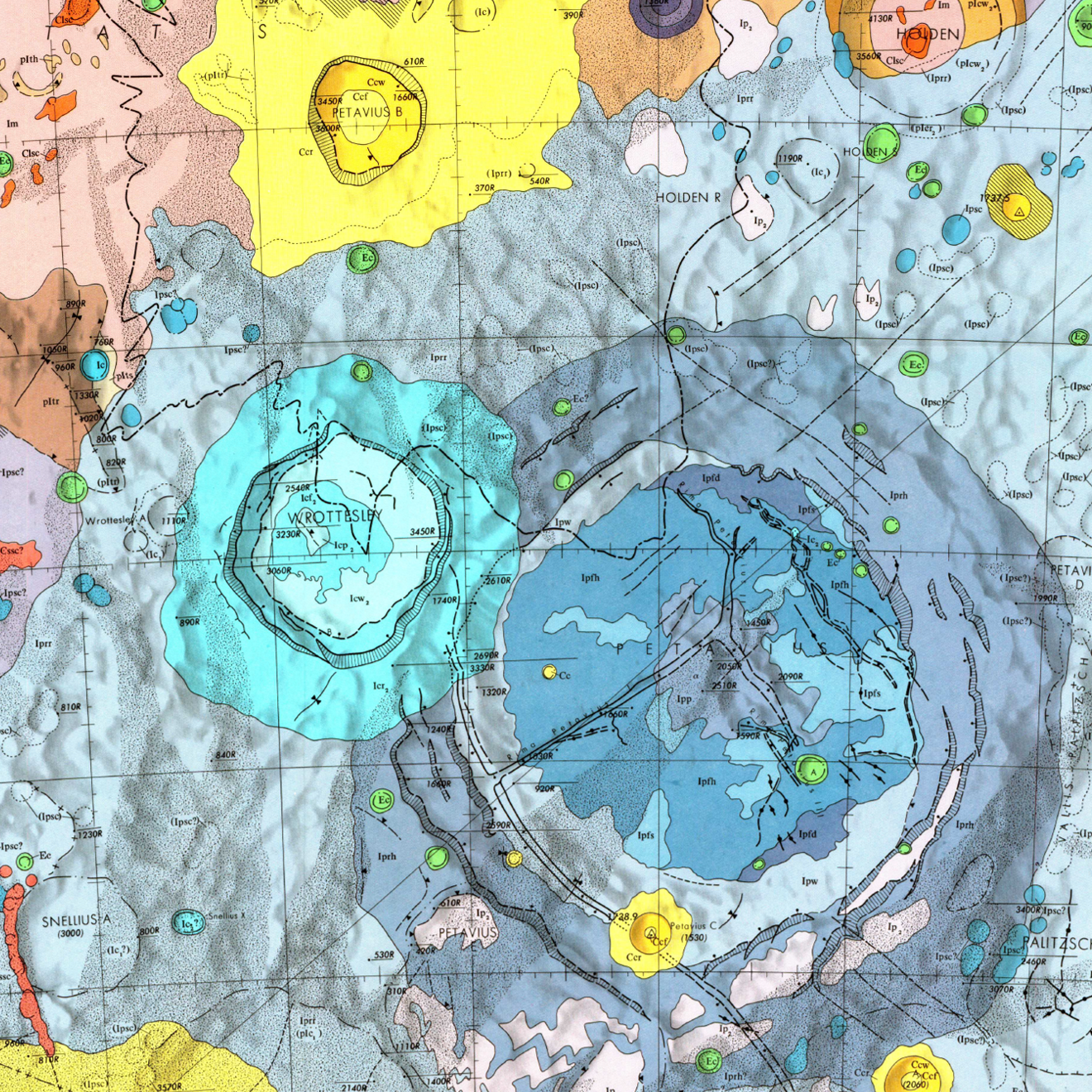 Inset of USGS IMAP 794: Geologic map of the Petavius quadrangle of the Moon