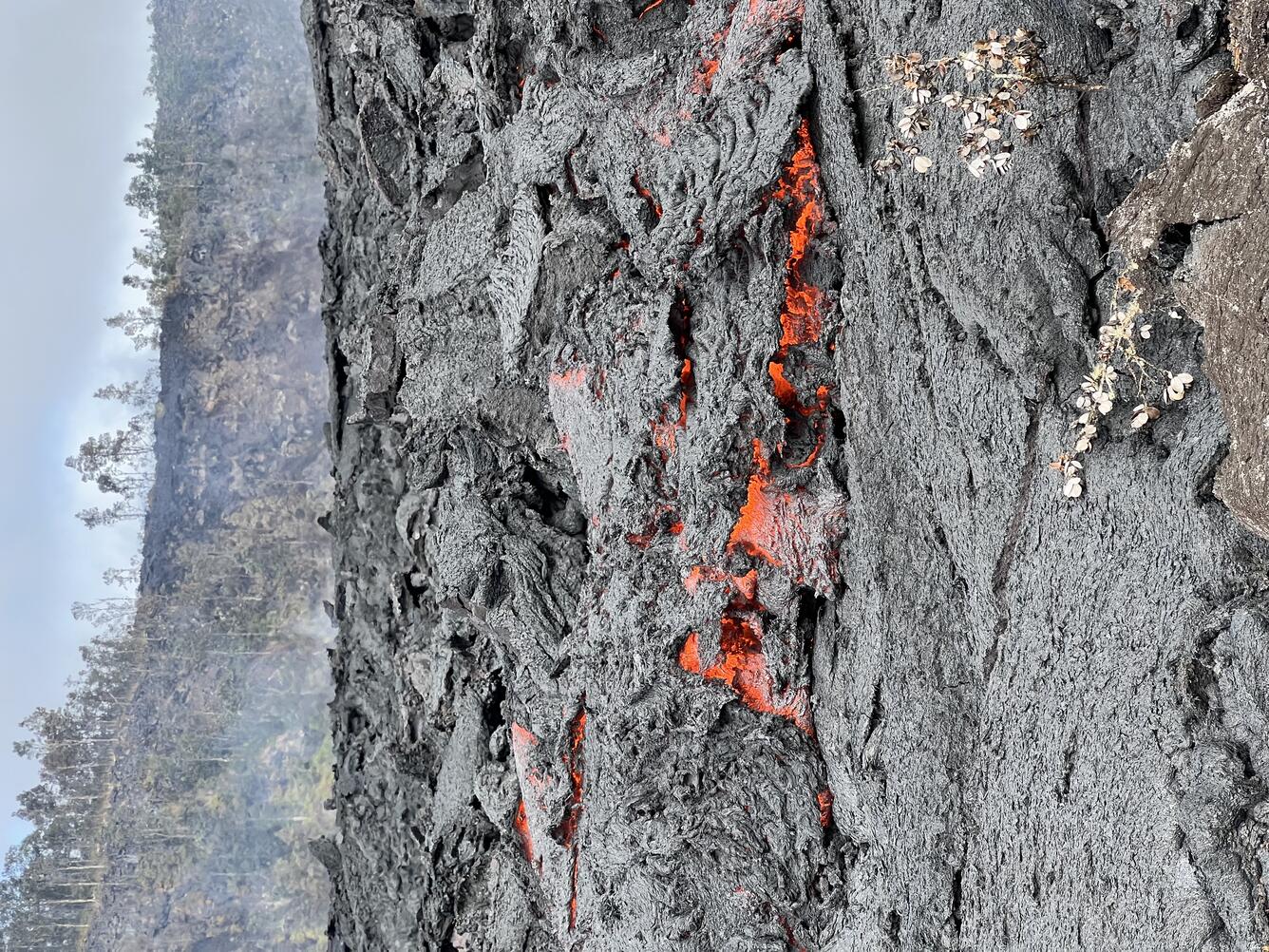 Color photograph of red molten lava glowing between solidified black crust