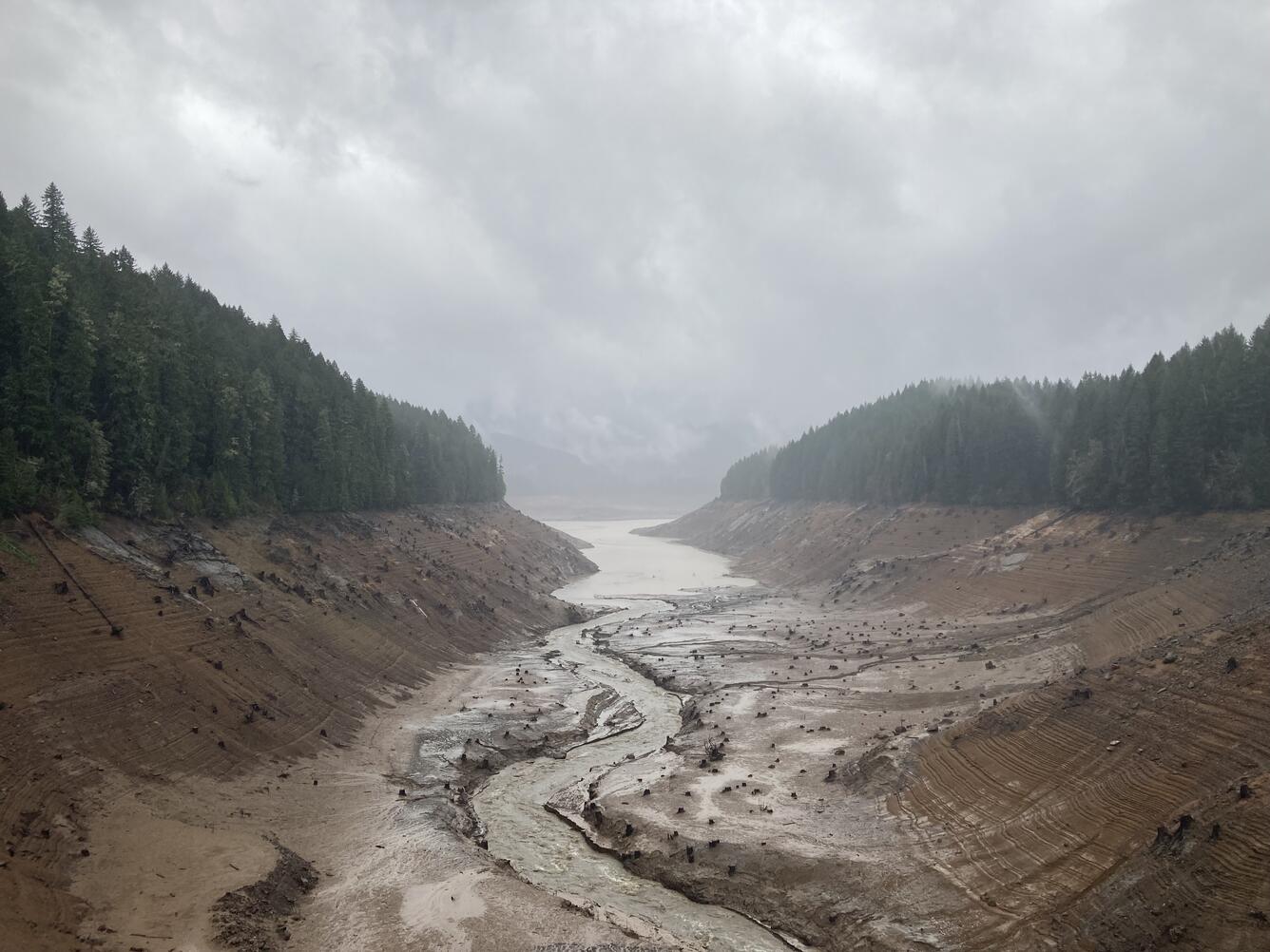 Cloudy rainy day. Pine trees top brown steep muddy banks of empty reservoir with stream running through muddy channel
