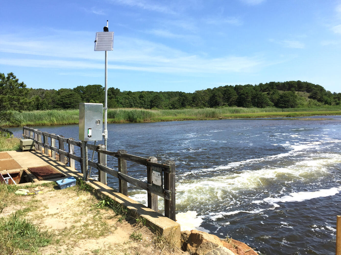 Upstream side of USGS station, Herring River at Chequessett Neck Road Dike, Wellfleet, Massachusetts