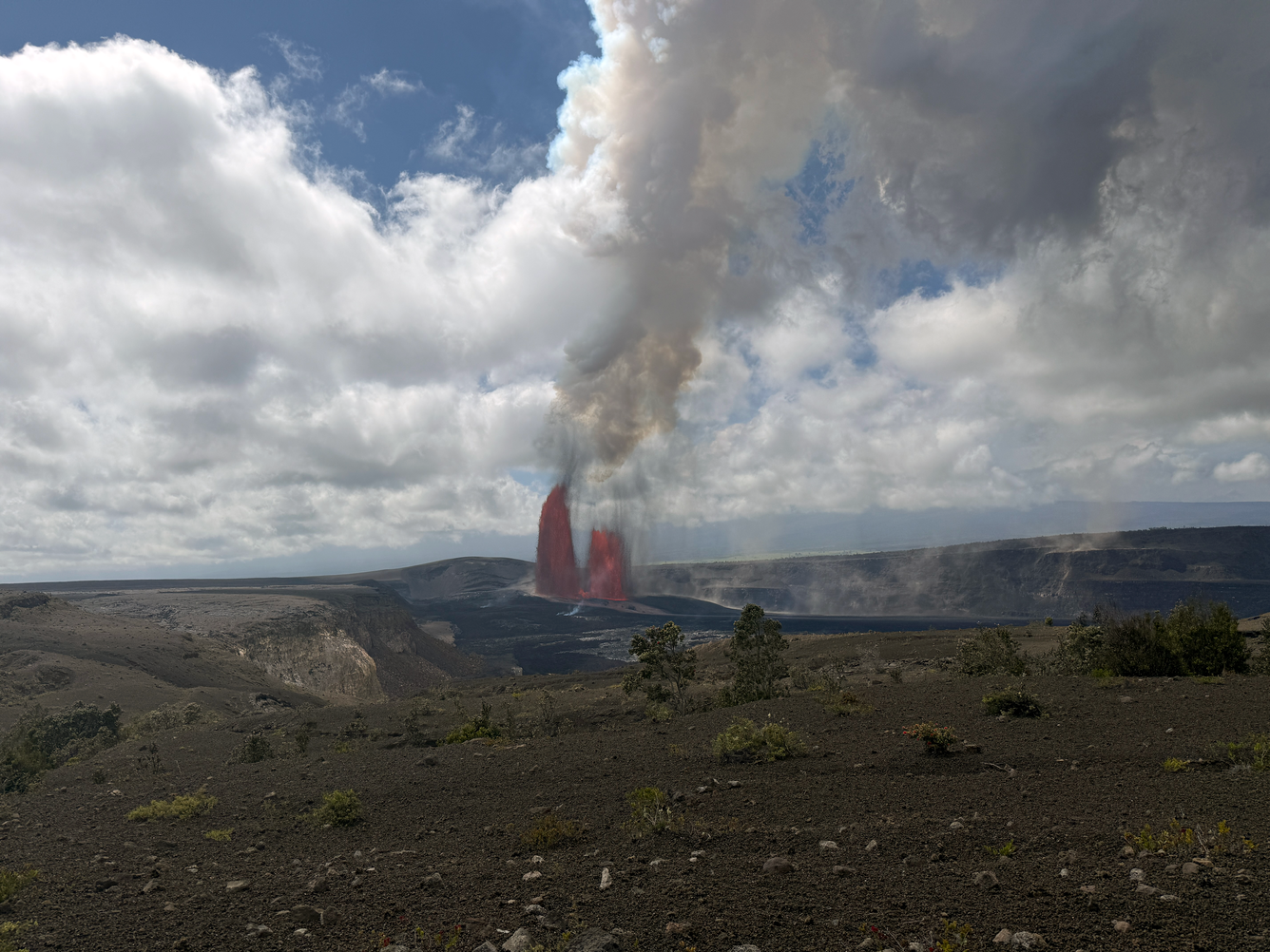 Lava fountains erupting in a crater