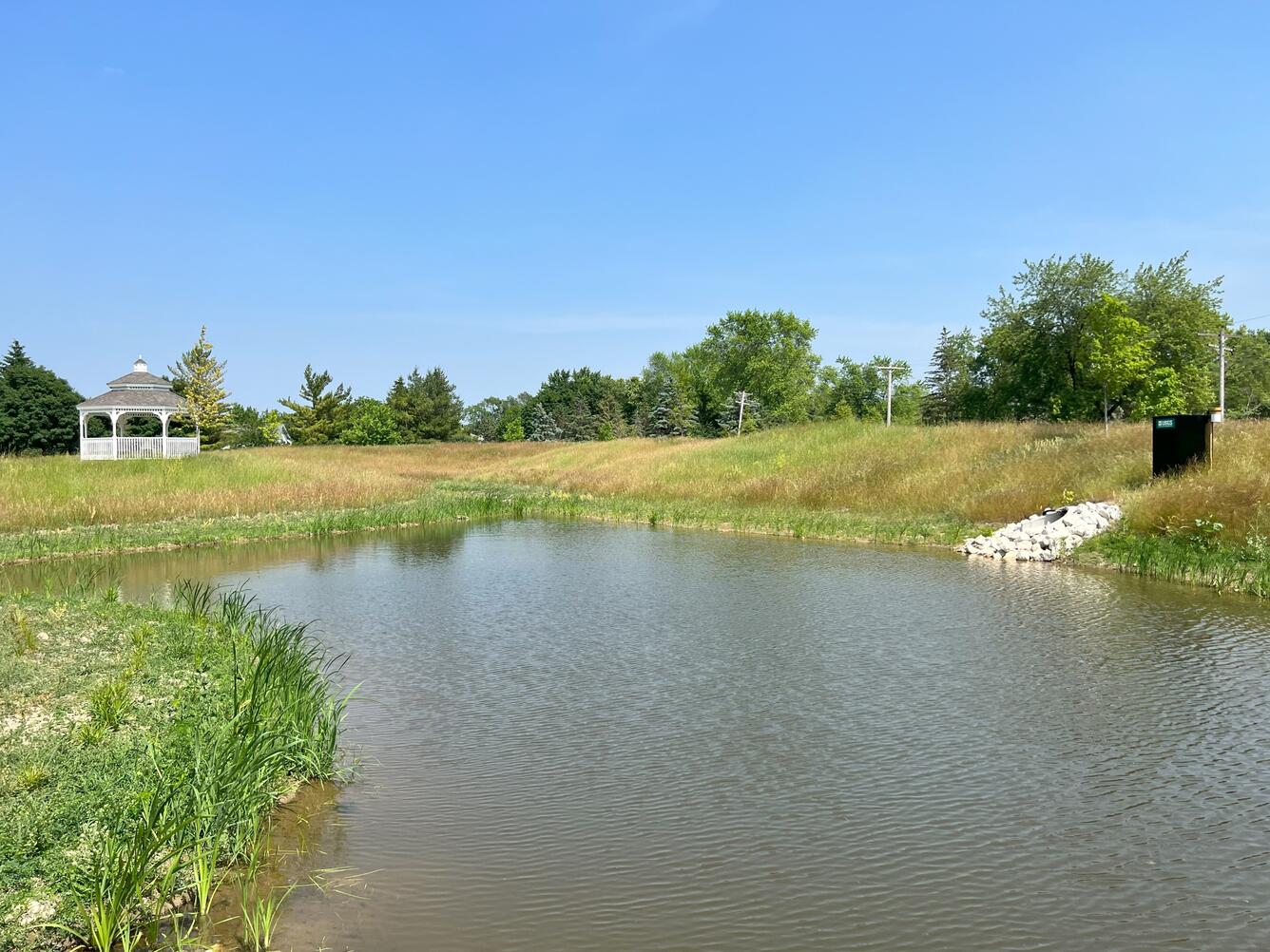 First year plantings of native wetland species surround main wetland pond with elevated outlet and outlet monitoring station