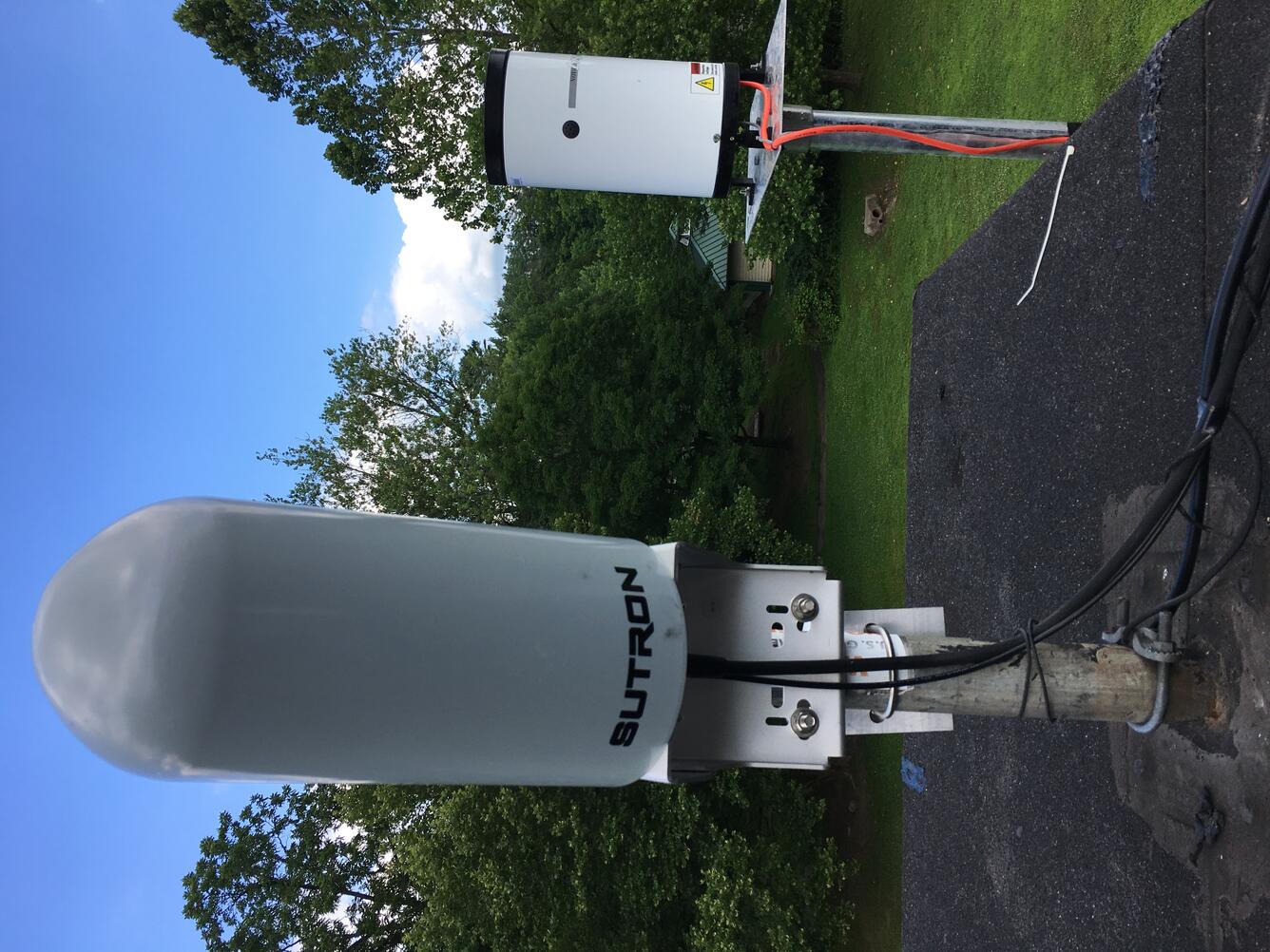 Looking at an antenna and rain gage on the top of the gage house