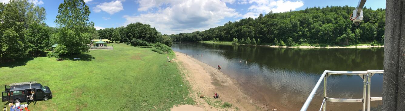 Panoramic view from the deck of the gage house looking over the park and the river