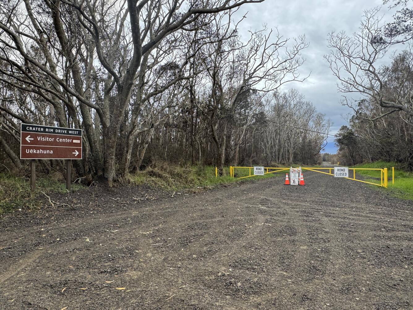 Color photograph of road covered with volcanic fallout