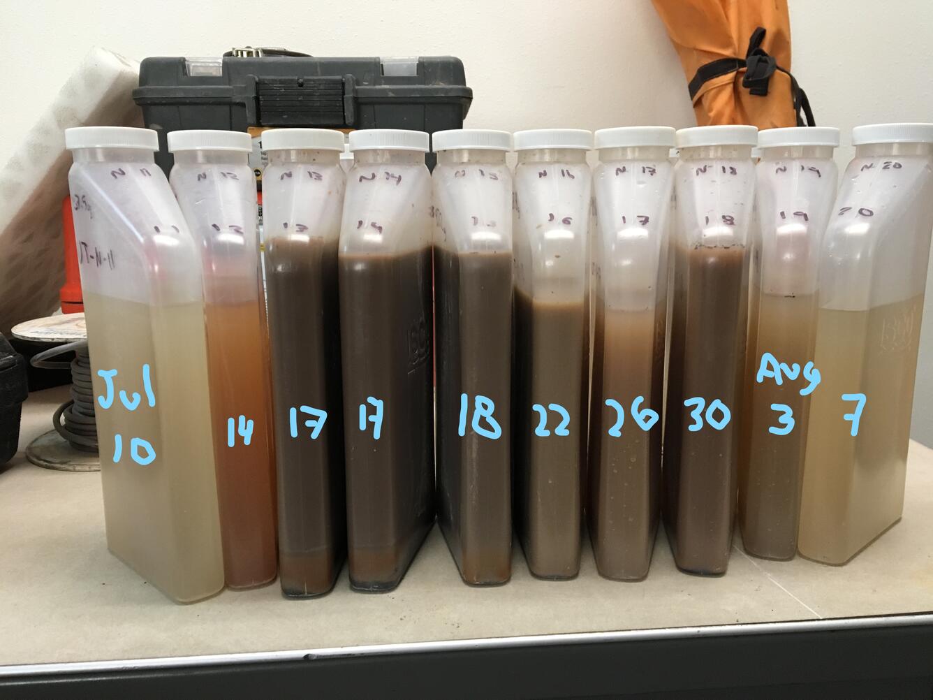 Ten Auto-Sampler Bottles are lined up on lab bench.