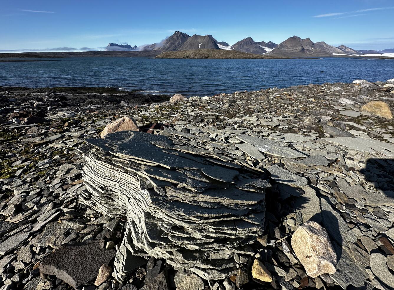rocks on the shoreline with mountains visible in the background