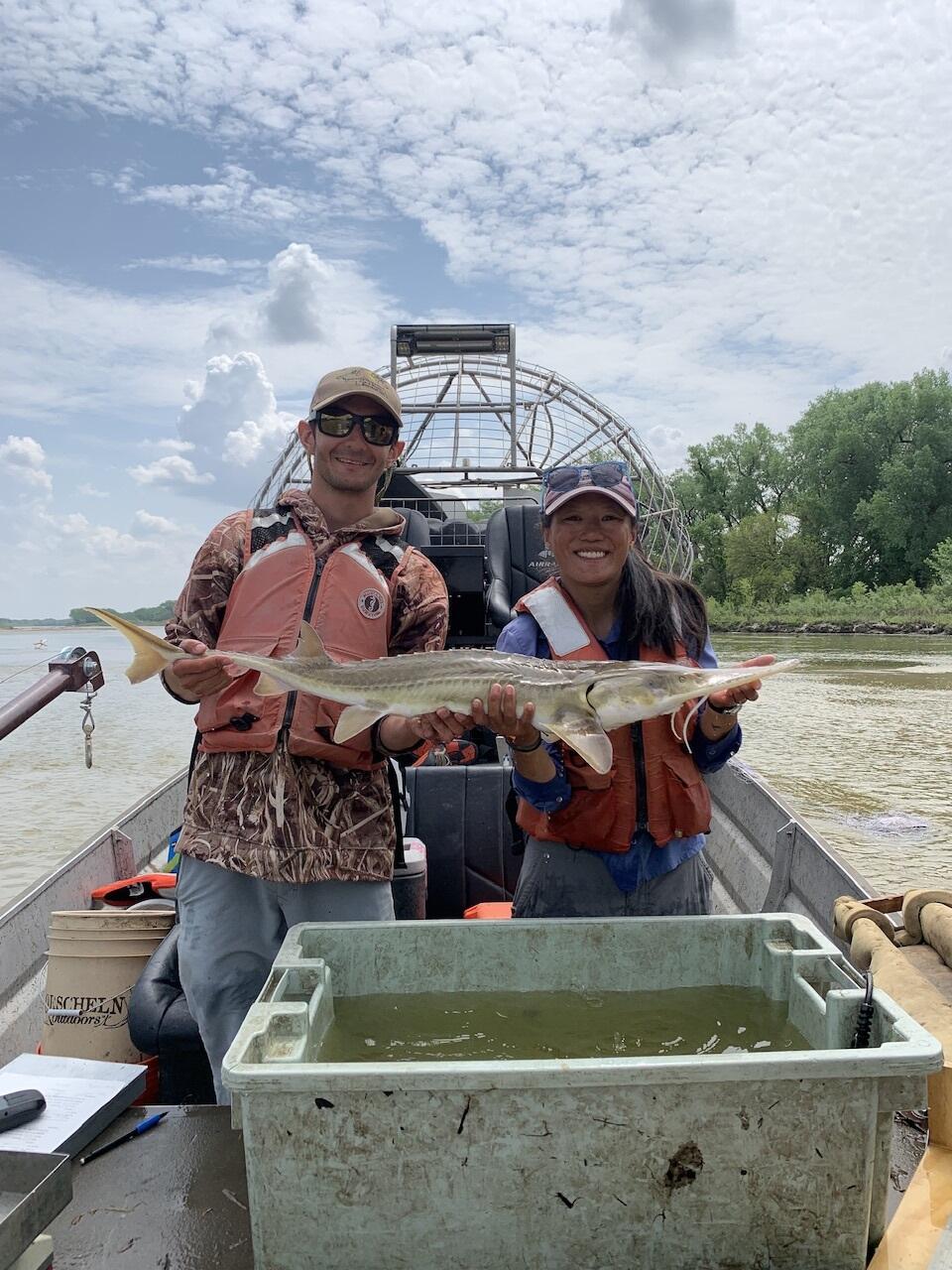 Chris Pullano and Jenna Ruoss holding recently tagged female pallid sturgeon