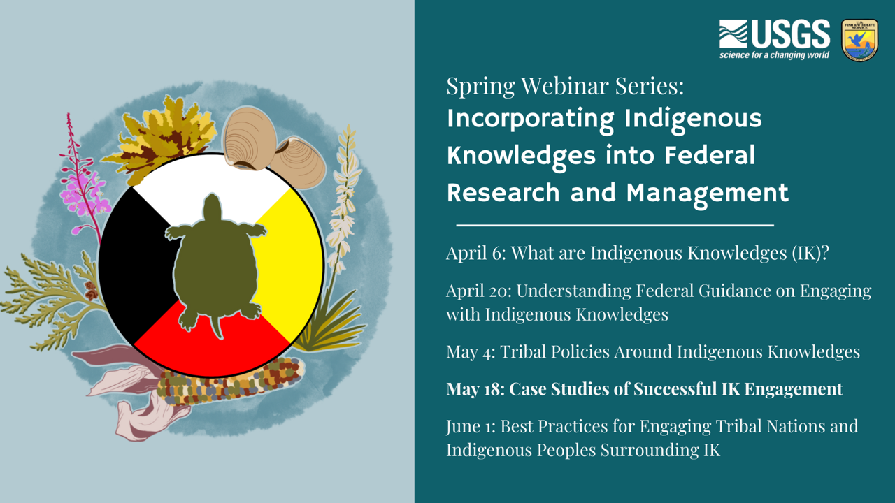 A flyer for NCASC's Spring Webinar Series on Incorporating Indigenous Knowledge into Federal Research and Management.