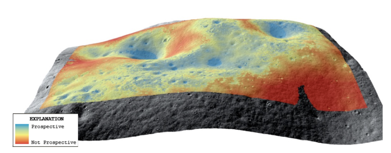 Map of the moon showing likely locations of ice near the south pole.  Blue locations are more likely, and red, less so.