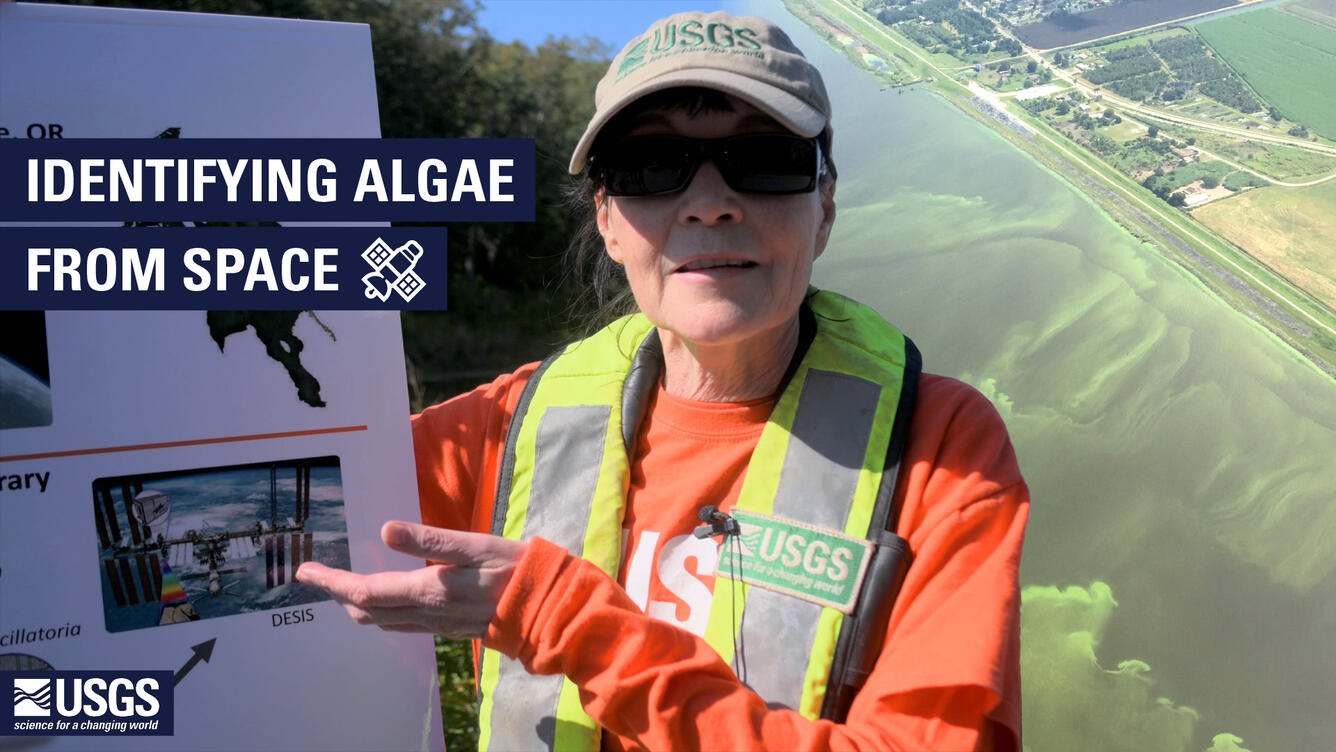 A scientist points to a poster. Text reads, "Identifying Algae From Space." A second superimposed aerial image of algae.