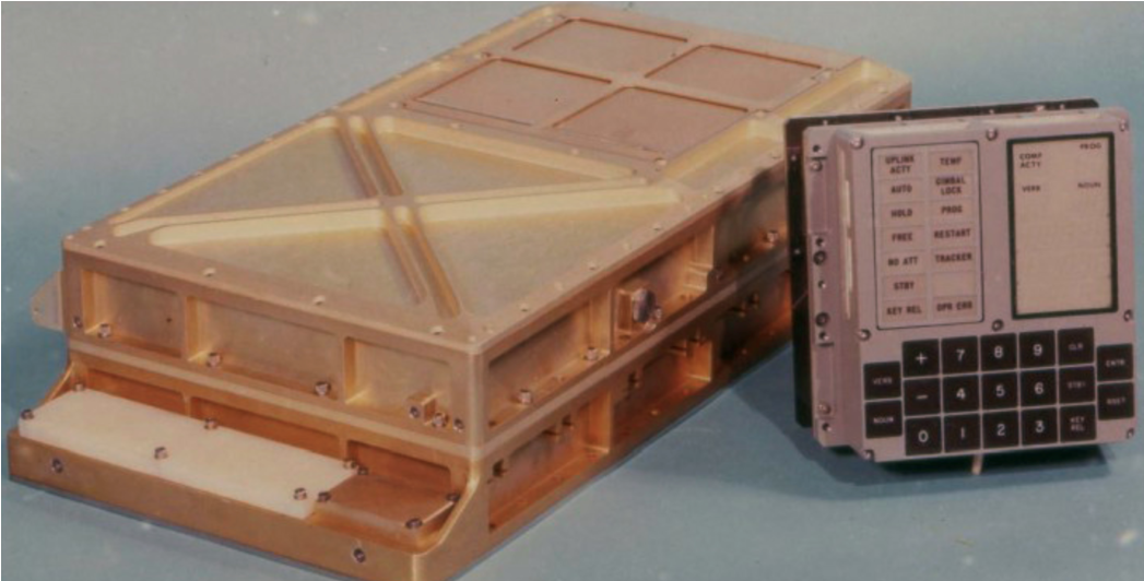 Photo of Apollo Guidance Computer (a gold box with attachments, left) and the DSKY (a gray box with buttons)