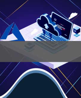 blue purple background with abstract turquoise lines and shapes, a computer, and technology icons. 