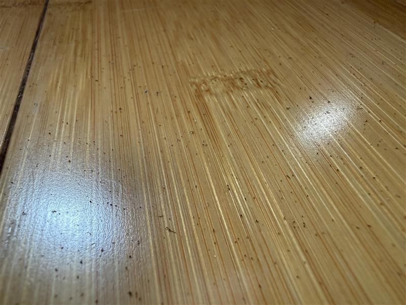 Color photograph of floor with volcanic fallout particles on it