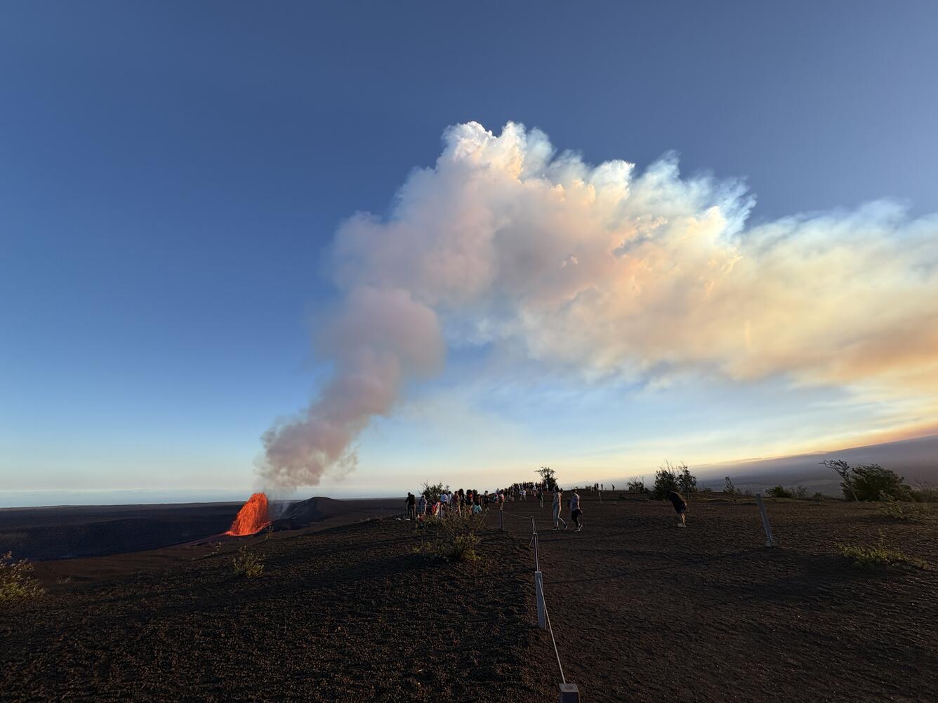 Wide view of lava fountain, rising gas plume, and viewing area