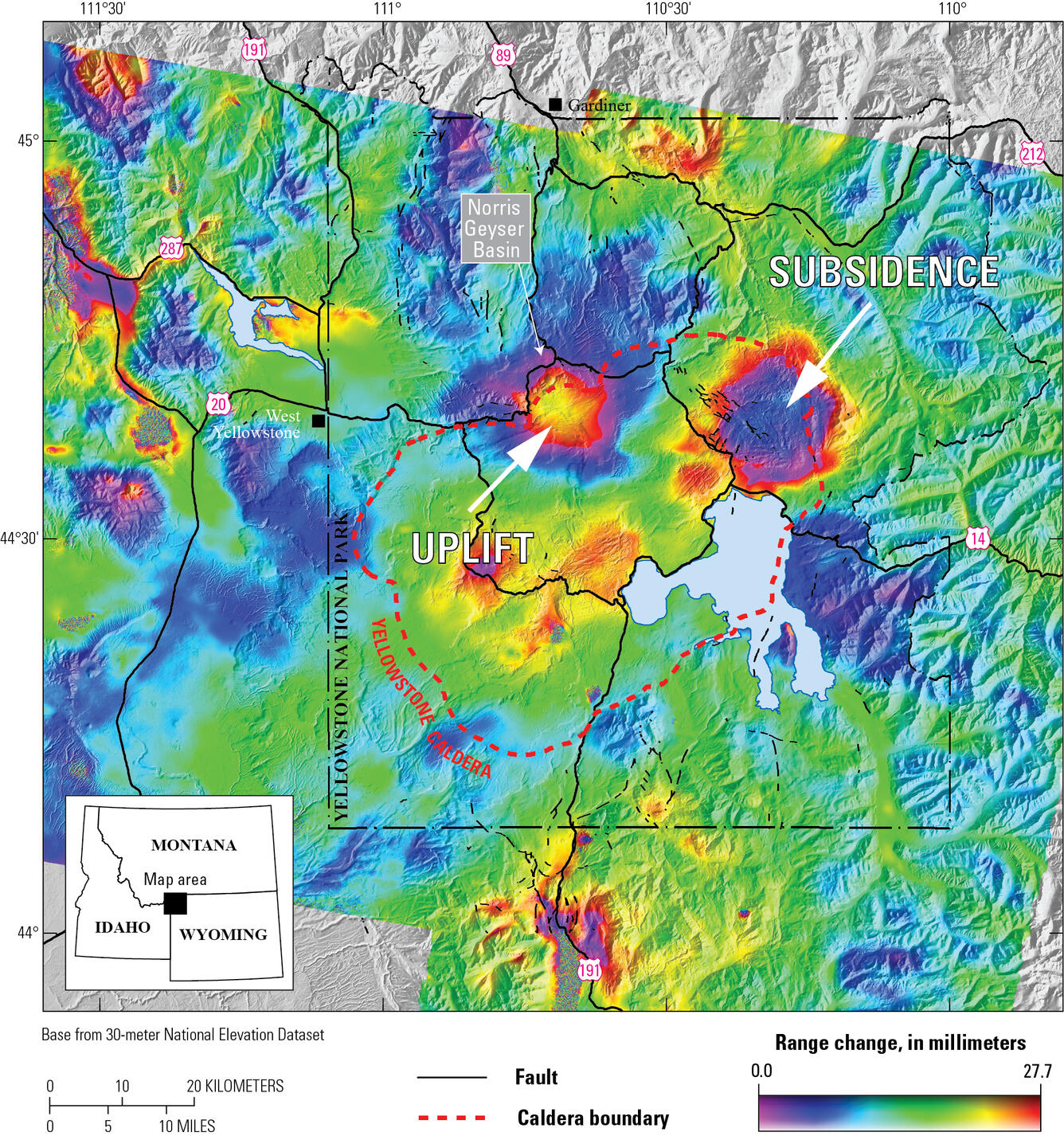 Colorful map of Yellowstone region with bullseyes of color on the north caldera rim and east caldera.