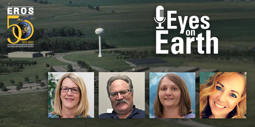 A logo and four mugshots on top of an aerial photo