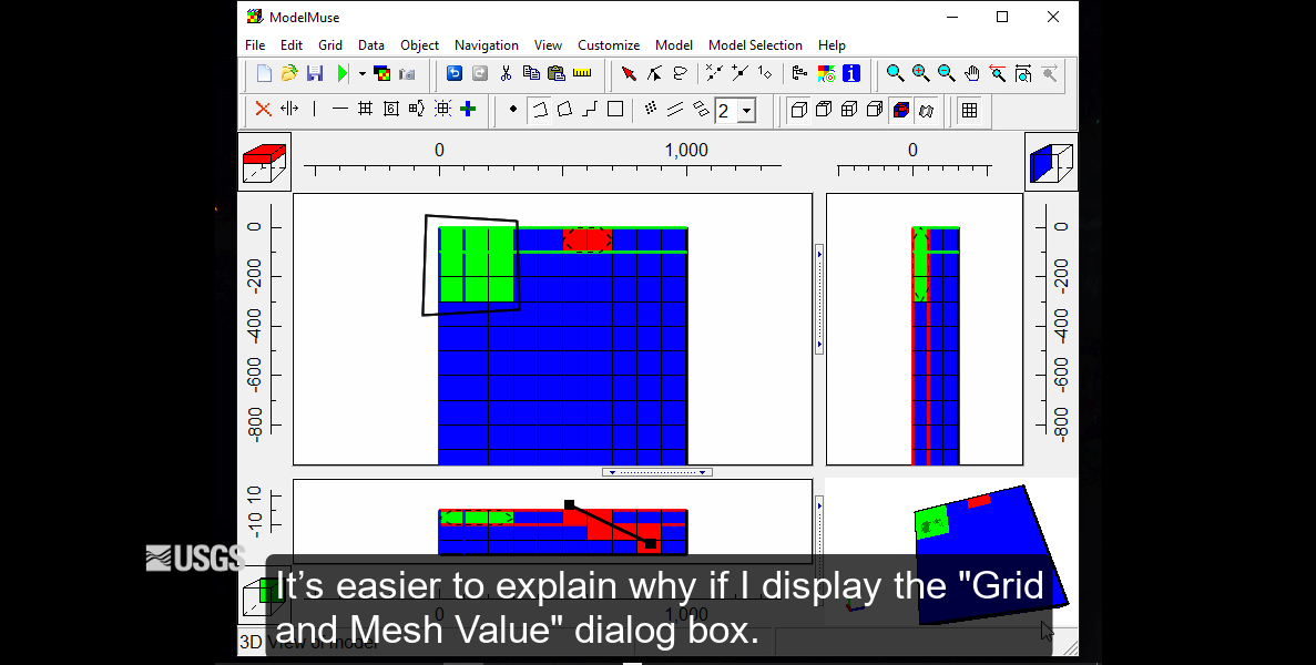 The image shows ModelMuse and the words "It is easier to explain why if I show the Grid and Mesh Value dialog box."