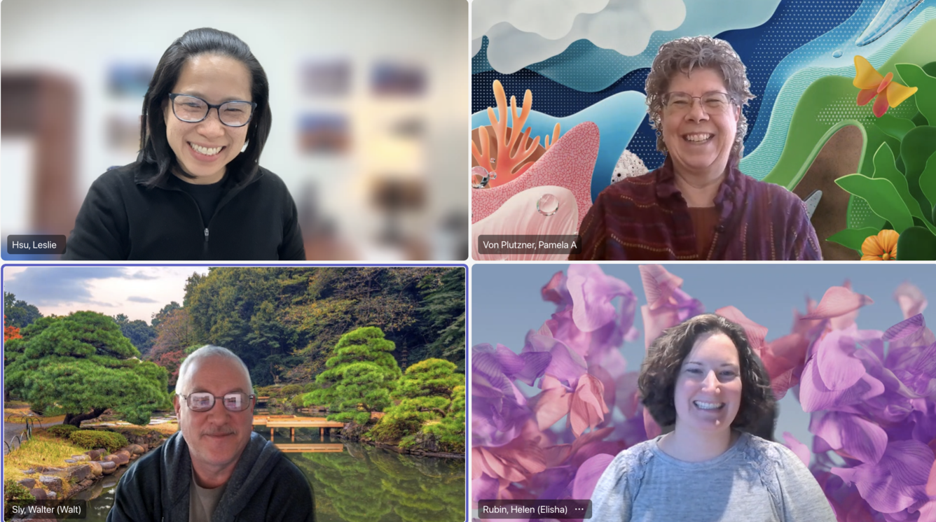 A screenshot of a Teams meeting with four attendees on web cam.