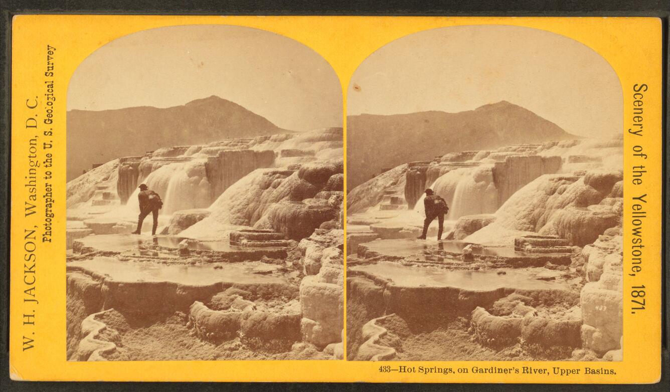 side-by-side sepia-toned image of a man bent over examining water flowing from a hot spring terrace