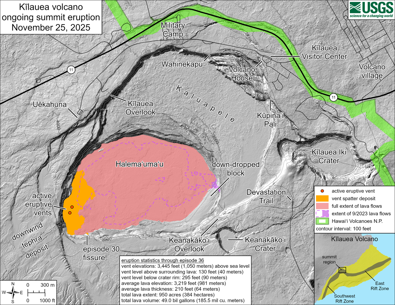 Color map showing area covered by lava flows in recent volcanic eruption