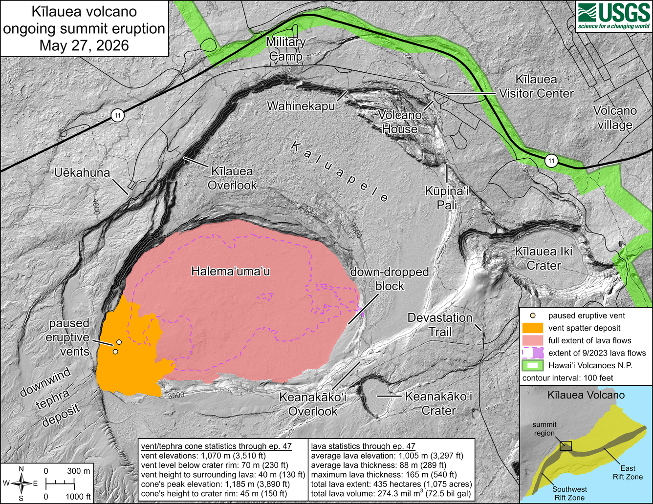 Color map showing area covered by lava flows in recent volcanic eruption