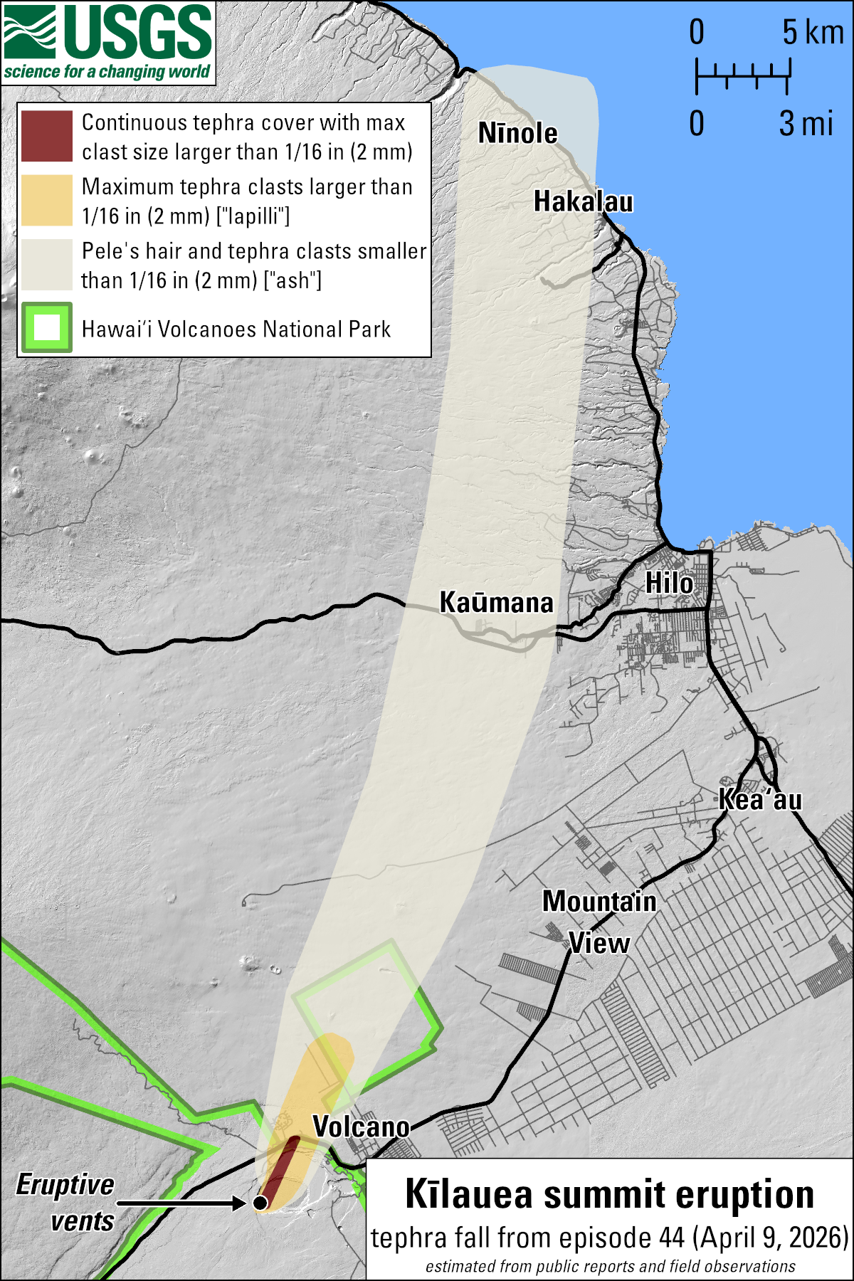 Color map showing the area of a volcano affected by fallout during a lava fountaining episode