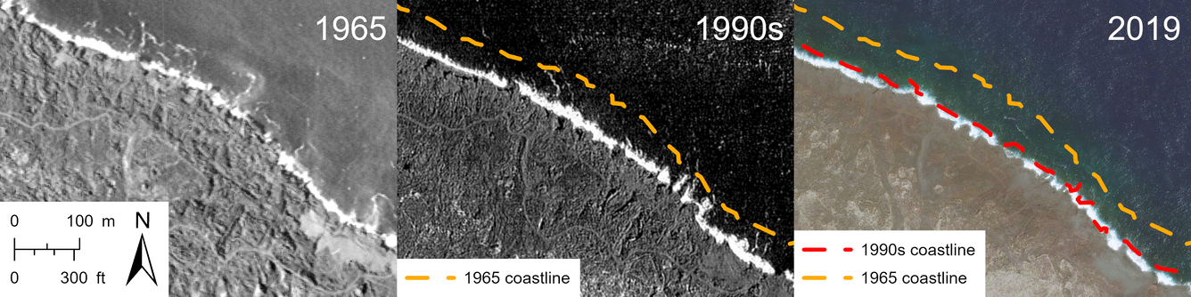 Color photograph showing changes to a coastline over time