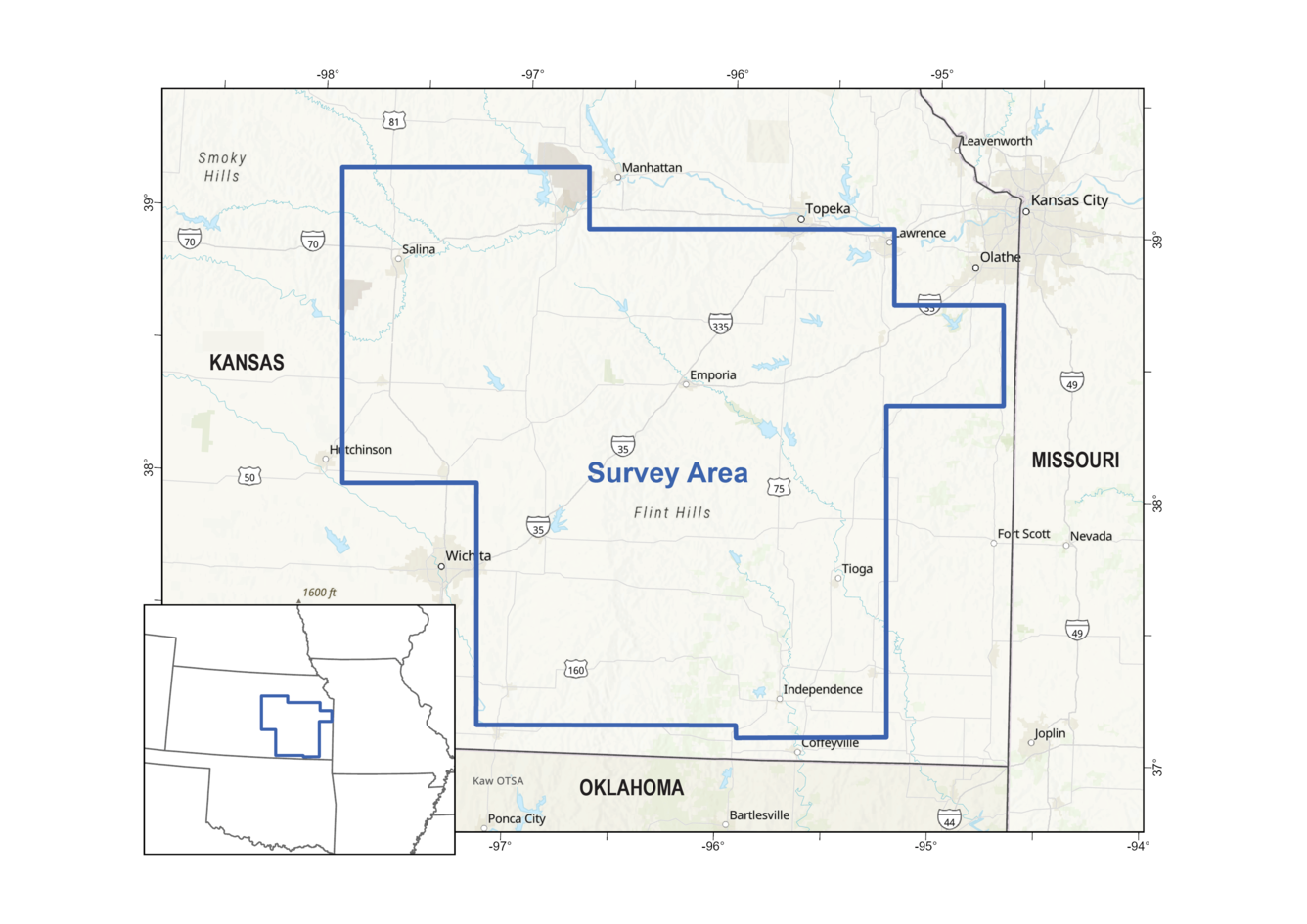 Map showing the location of the survey (blue polygon) over eastern Kansas