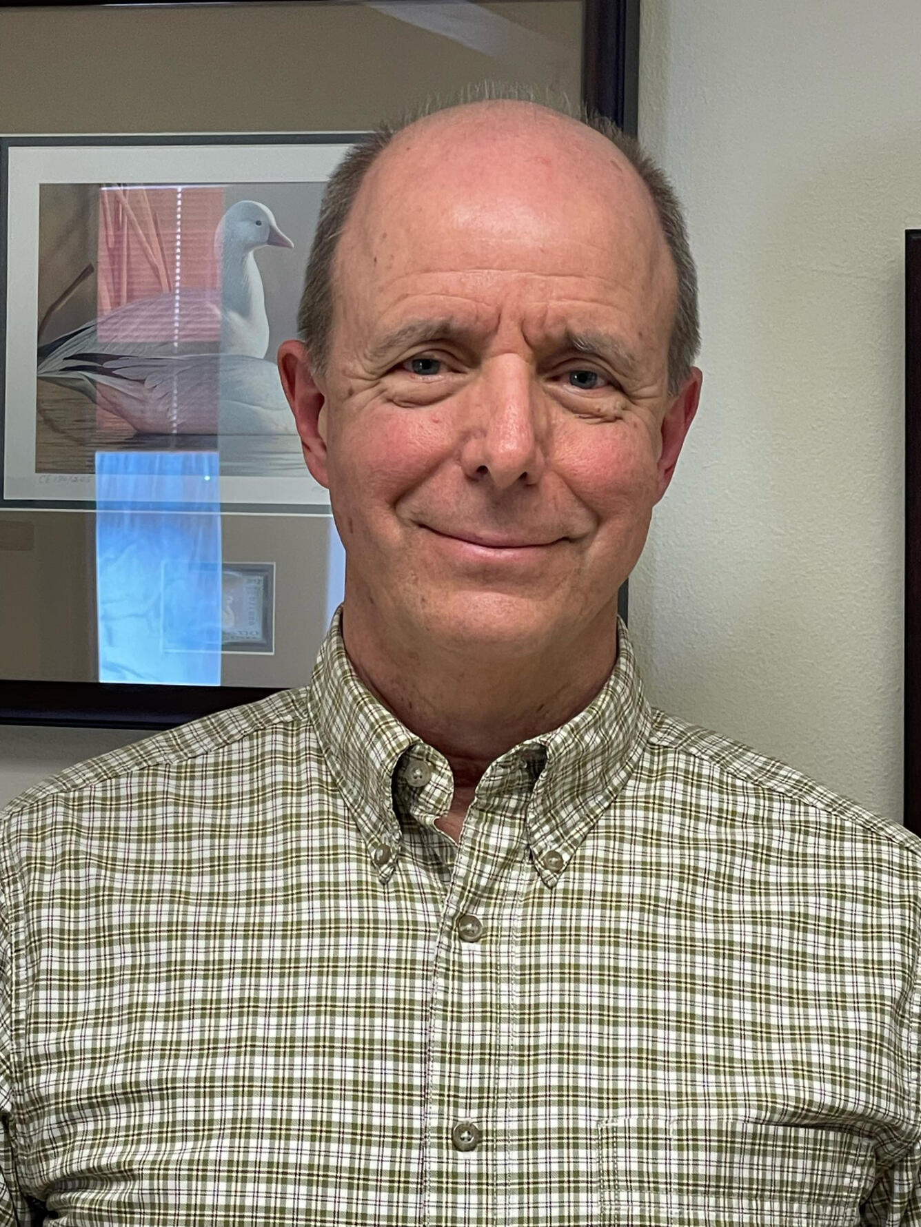 man wearing a plaid shirt standing near a duck picture