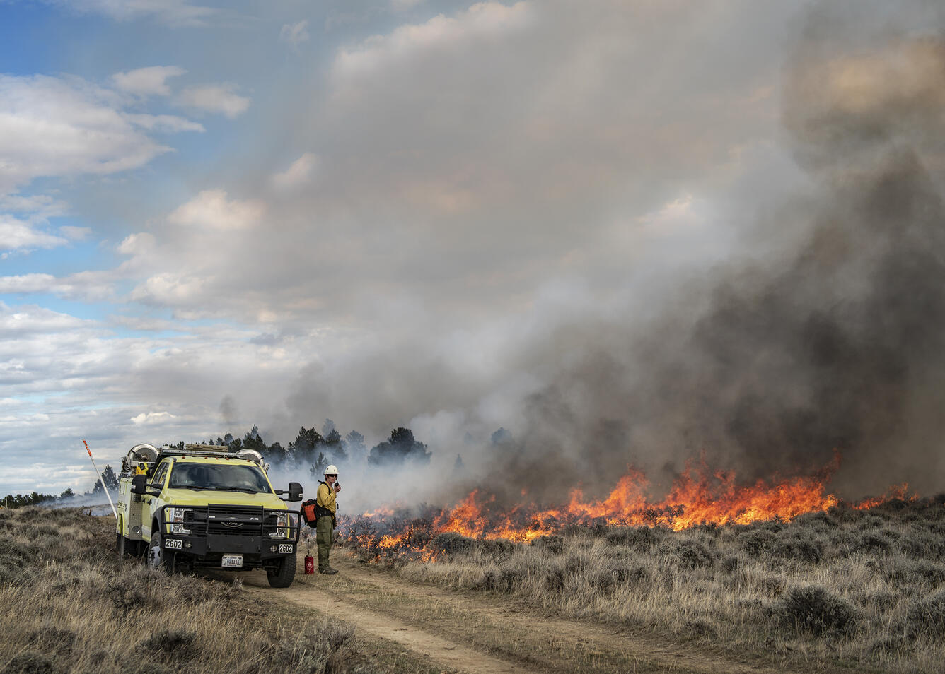 a man in fire uniform stands next to a yellow truck, around him, sagebrush habitat and grasses burn, smoke fills the air