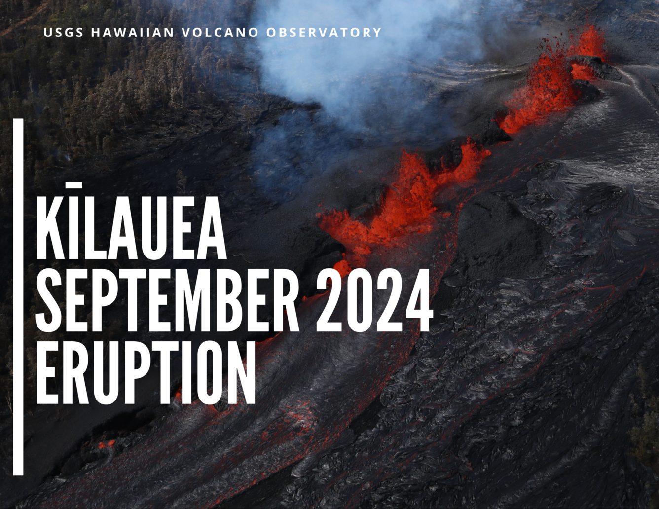 Color photograph of eruption with white words