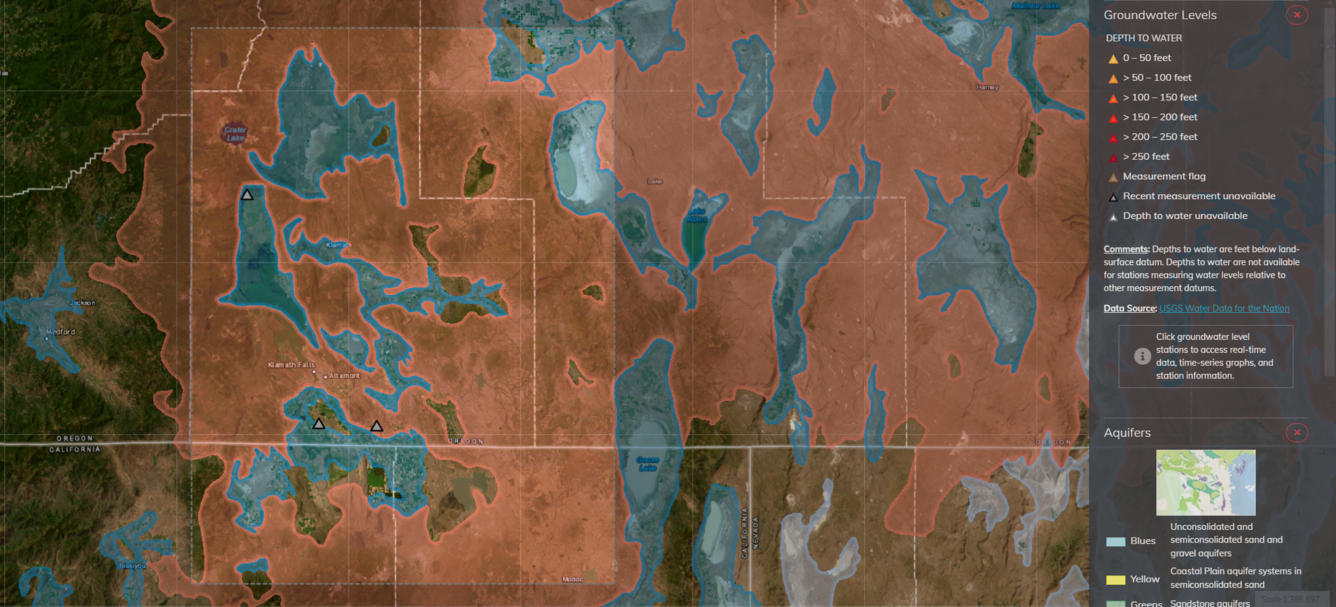 Snipped image of custom layers of Klamath aquifers on the national water dashboard