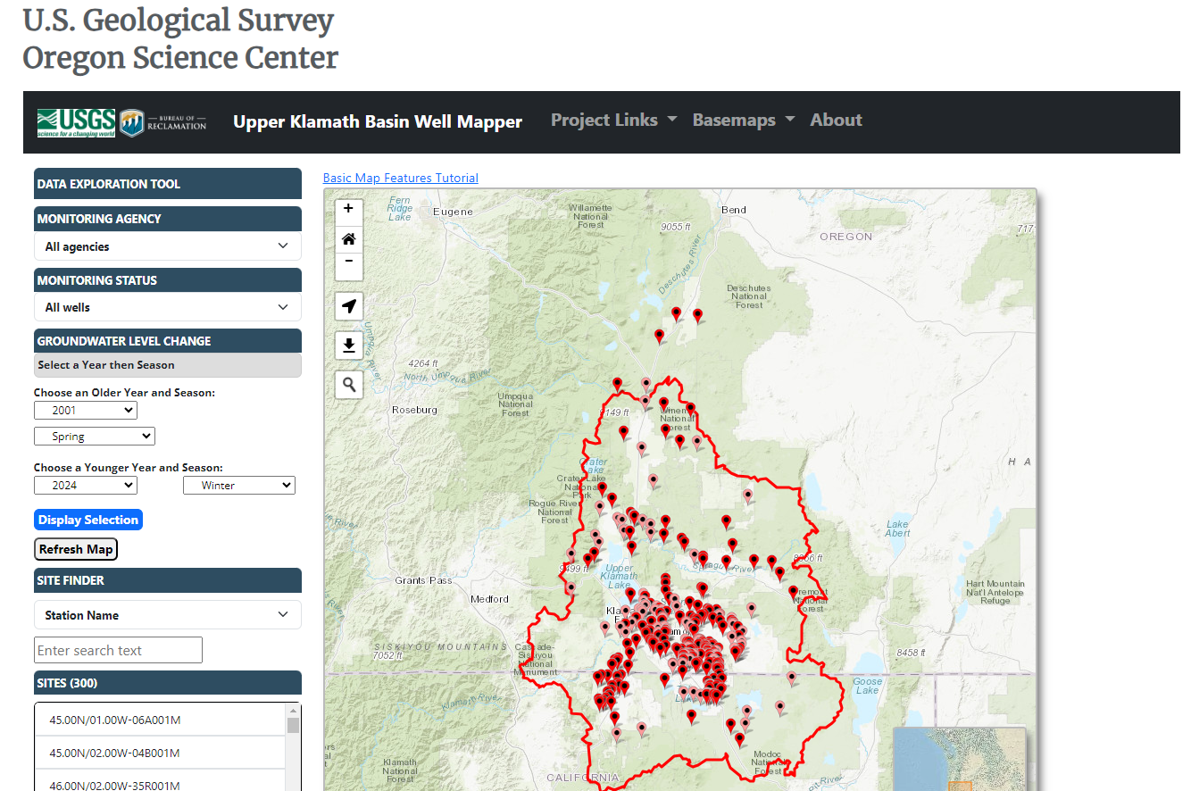 Screenshot of the Upper Klamath Basin Well interactive map tool 