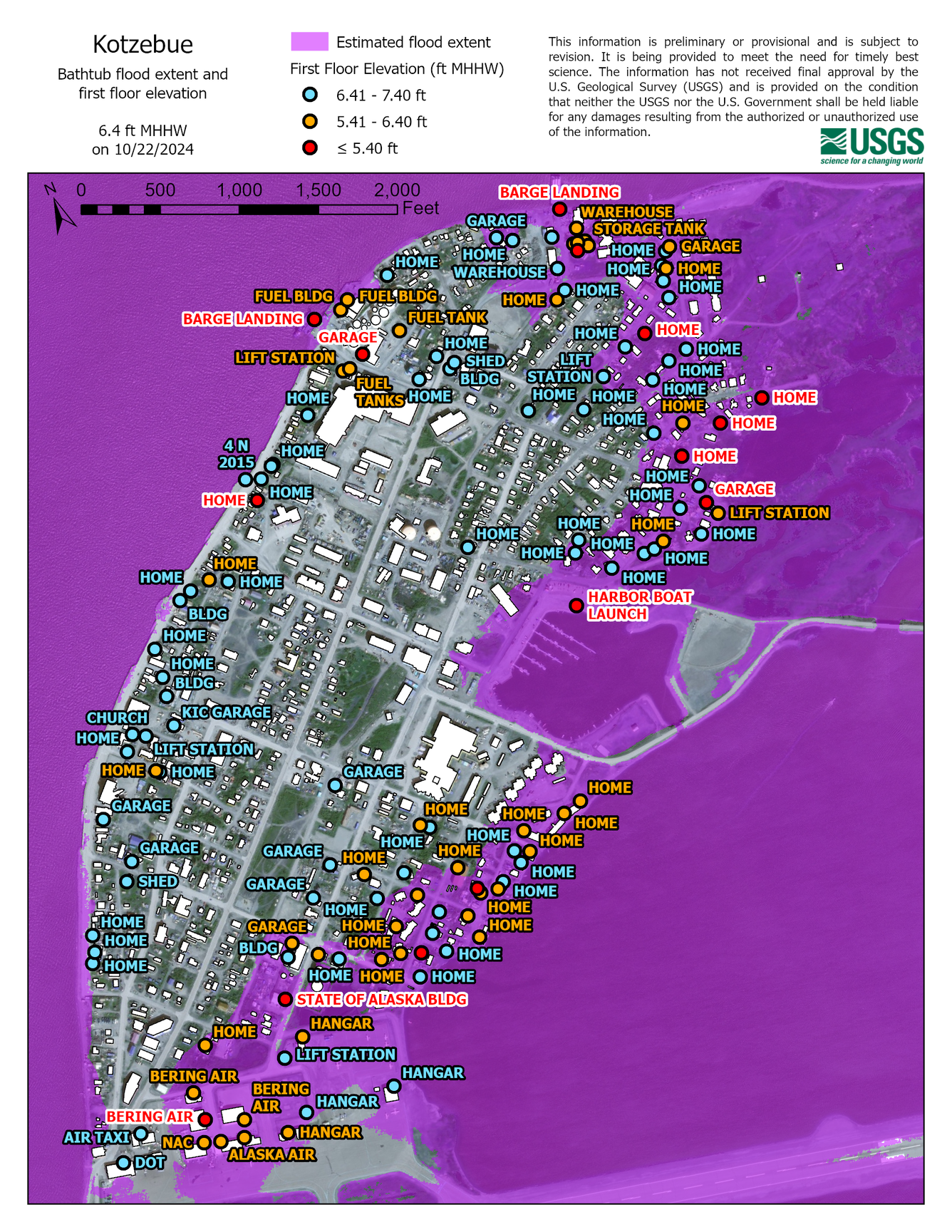 Map showing modeled flood extent and first floor elevations in Kotzebue, Alaska