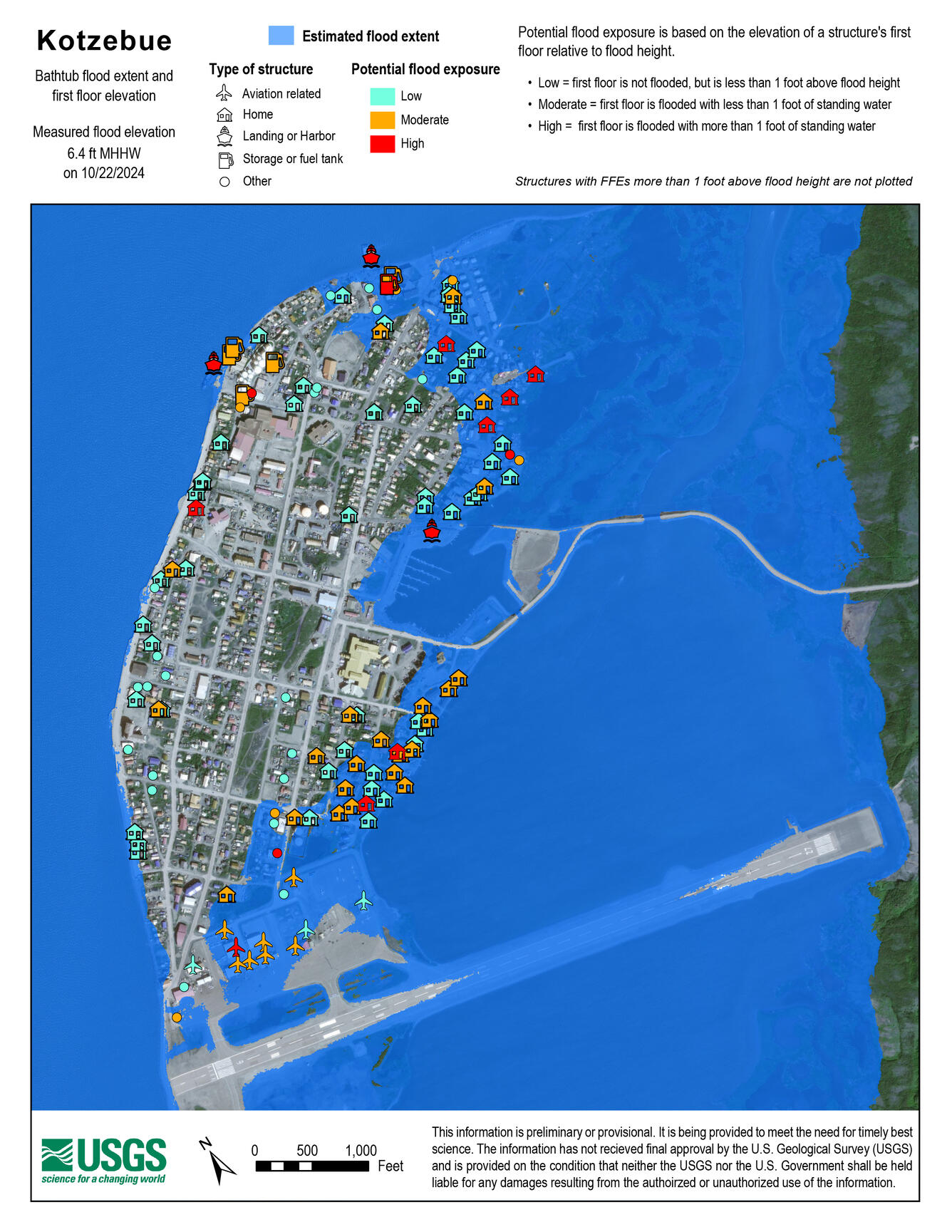 Kotzebue flood exposure map showing potential reach of floodwaters and the associated risk to structures