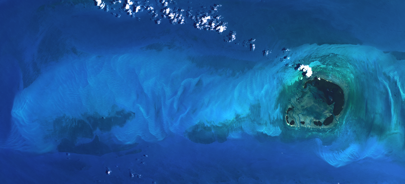 a Landsat image showing water ribbons and shoals near the Marquesas Keys