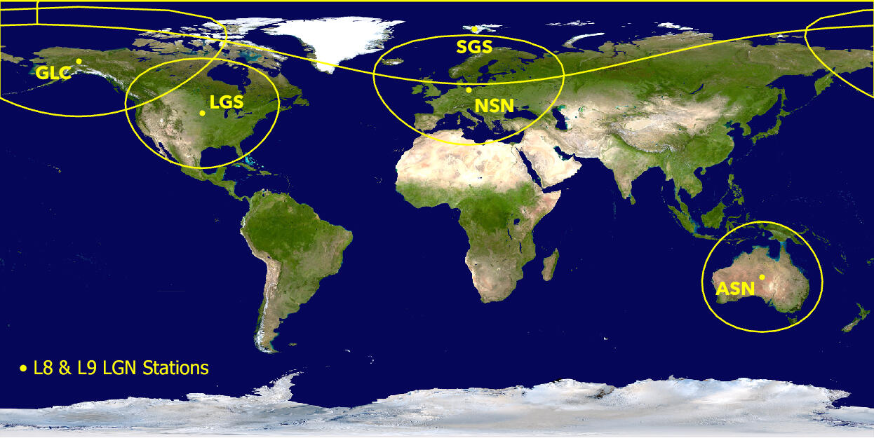 Map of Landsat and Landsat 8 and Landsat 9 ground stations part of the Landsat Ground Station Network