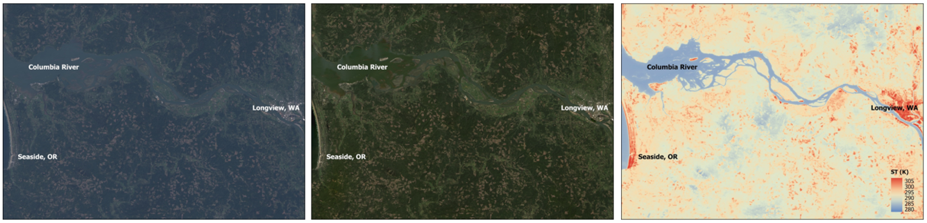 Satellite images showing atmospheric effects, clear atmosphere, and temperature of land masses 