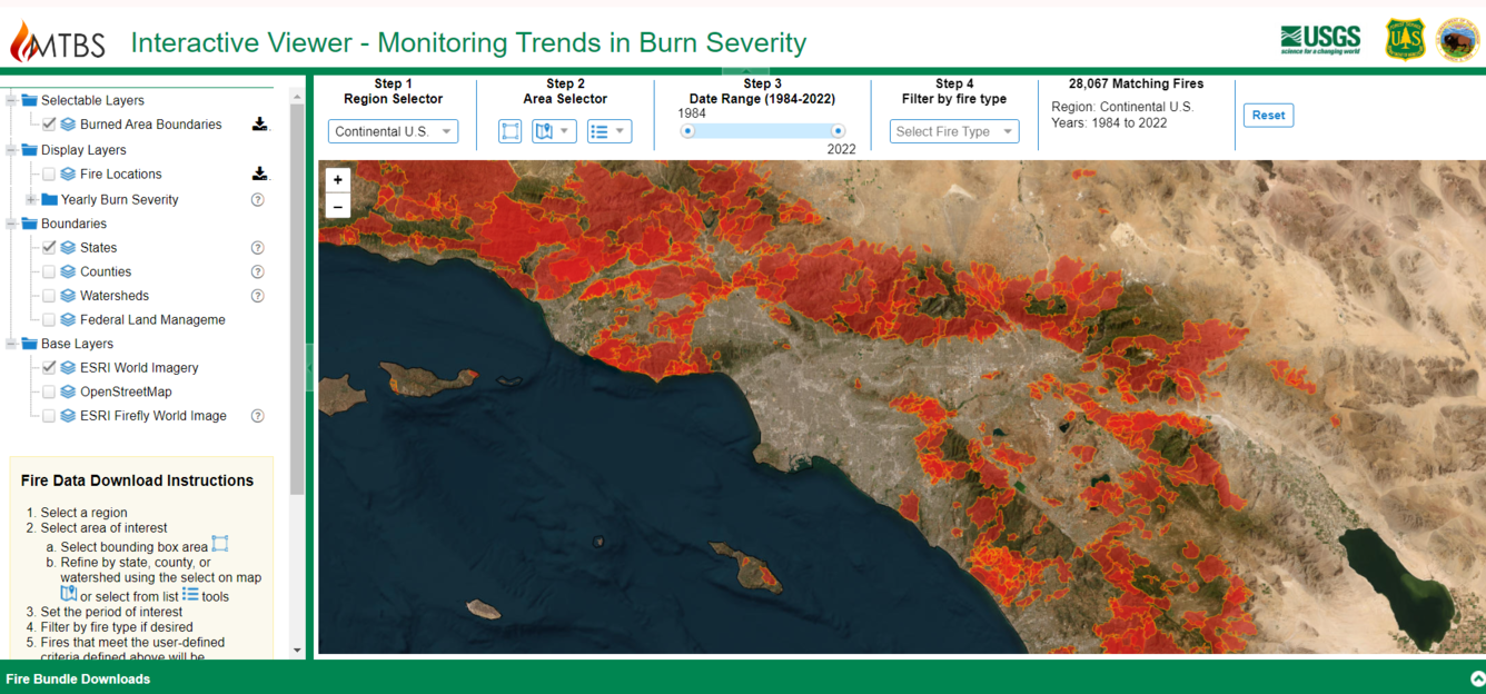 Screenshot of map viewer showing mapped fires of part of California in orange and red hues