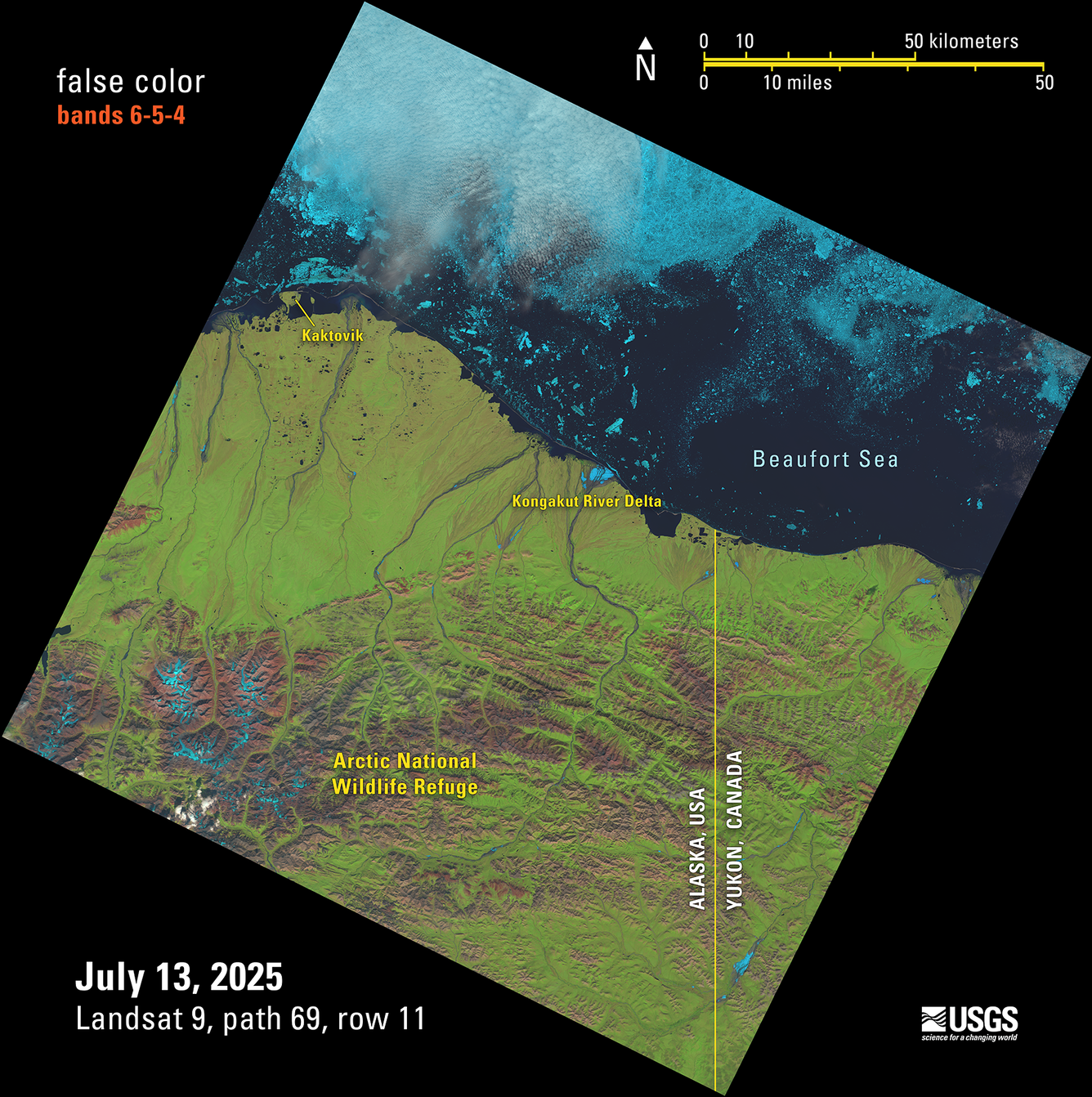 Landsat 9 Image of the Beaufort Sea shoreline at the Alaska and Canadian border