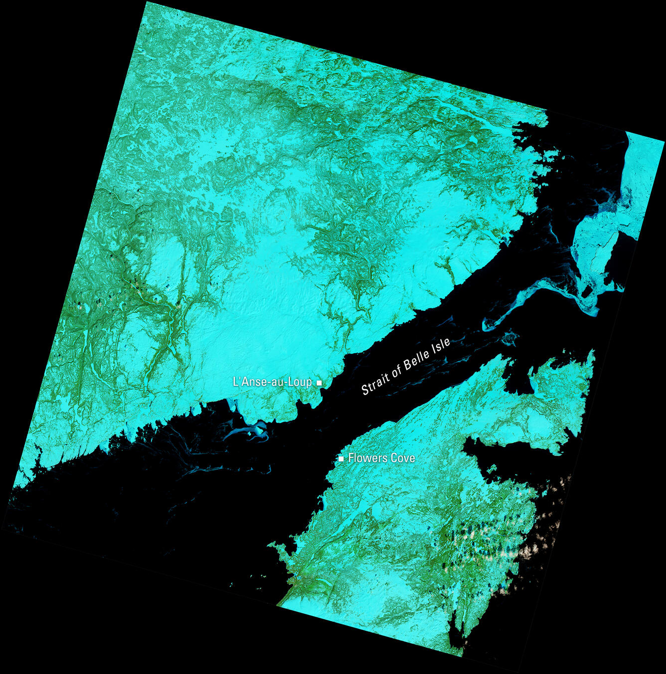Satellite image of the Strait of Belle Isle showing L’Anse-au-Loup and Flowers Cove