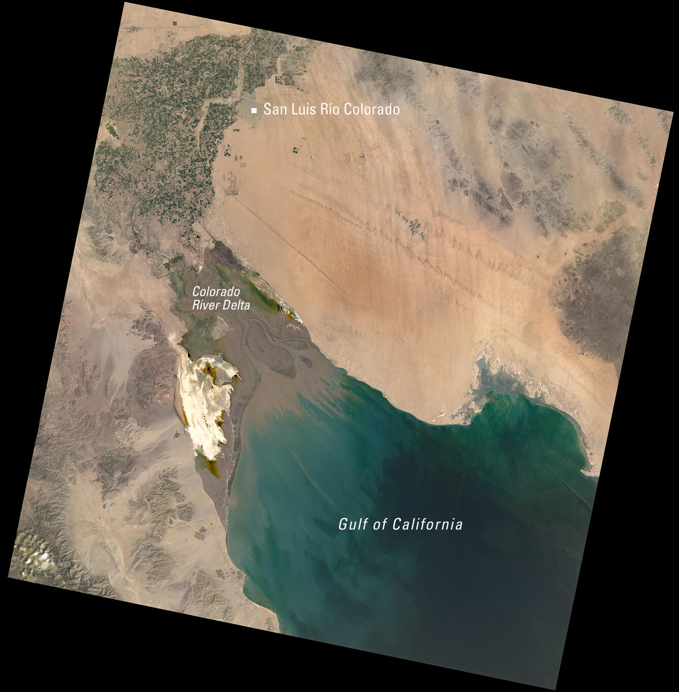 Satellite image of the Colorado River delta and the Gulf of California near San Luis Río Colorado, Mexico.