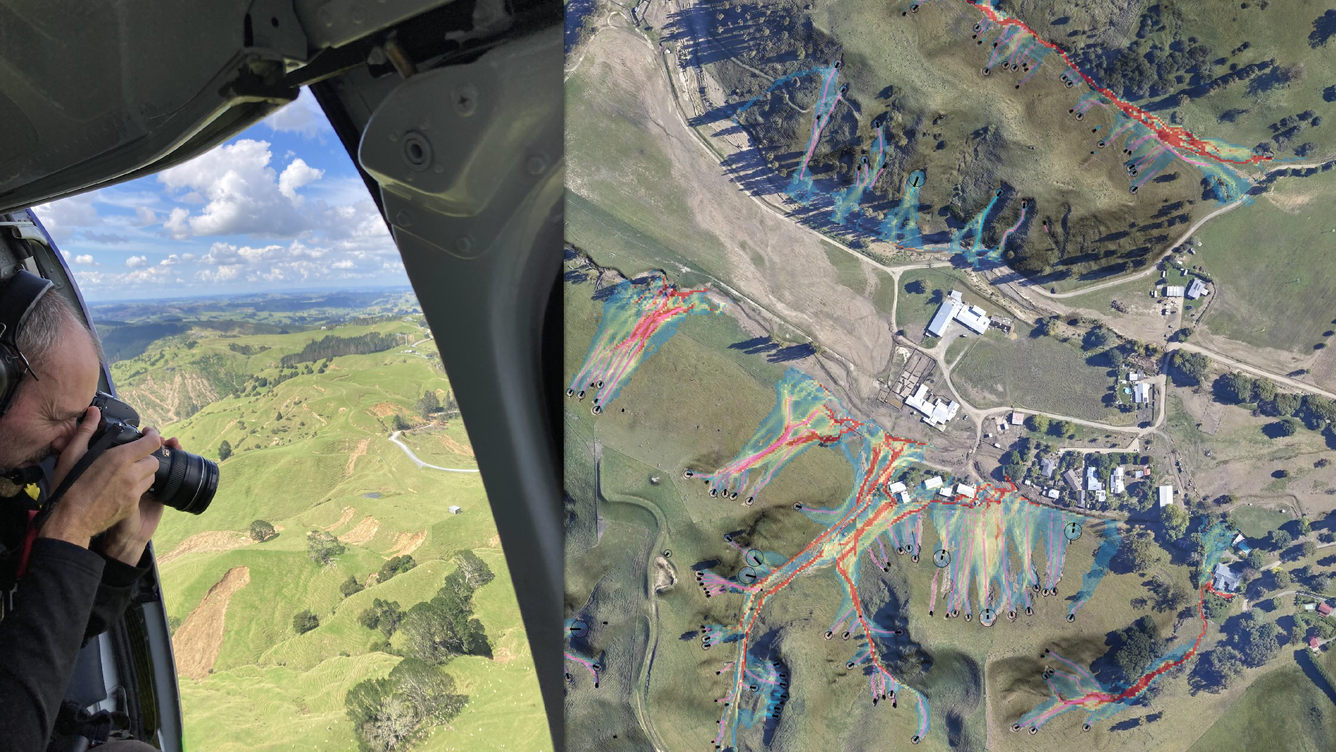 aerial view of landscape with photographer in foreground