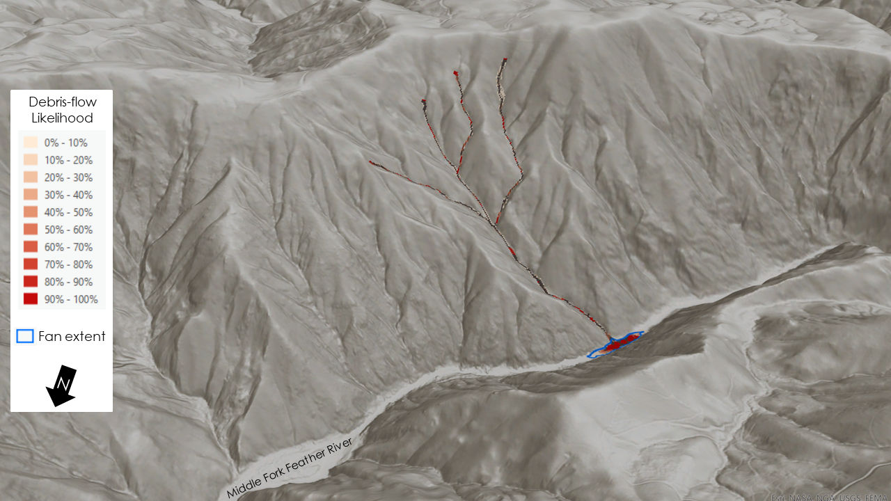 Map of hillslope with rainbow colored lines and polygon