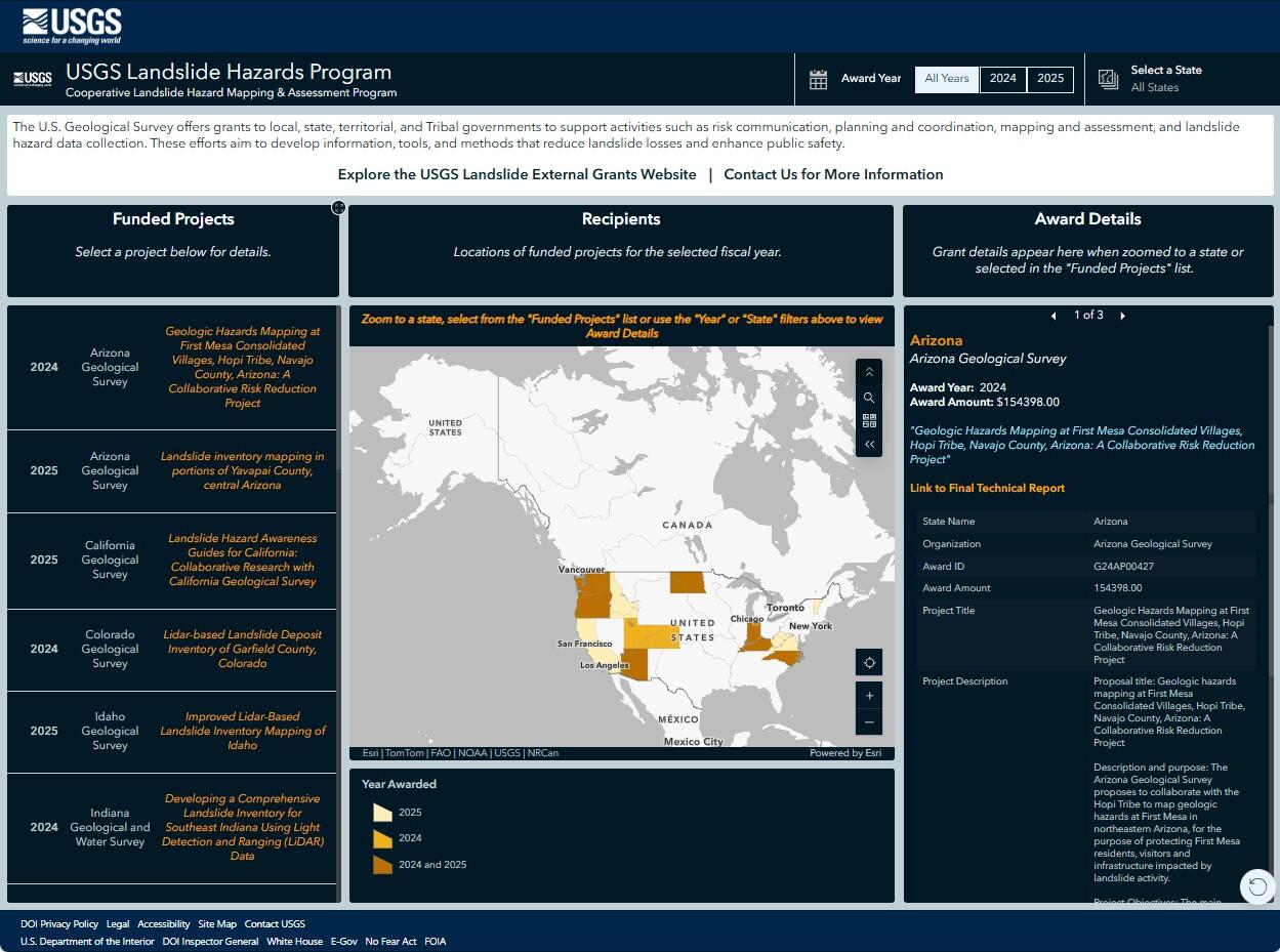 Static map displaying an example of a USGS landslide grant program web map. Map shows awards by state for fiscal year 2024 an